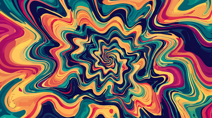 psychedelic vector illustration of an abstract pattern with swirling colors and shapes, creating the illusion that they form a vortex or spiral in motion