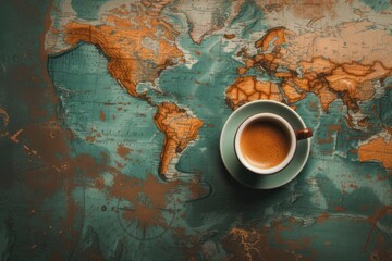 Wall Mural - Coffee cup on world map drink mug refreshment.