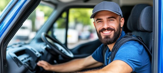 Smiling Delivery Driver Sitting in Van, Check, Service. Transportation and Logistics Theme Photo.