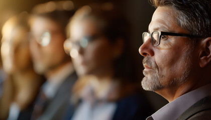 Poster - A man with glasses and a beard is sitting at a table with other people