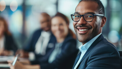 Wall Mural - A man in a suit and glasses is smiling at the camera