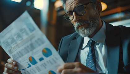 Sticker - A man in a suit is looking at a piece of paper with graphs on it