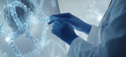 scientist in a white coat and blue gloves holds up a hologram of a DNA structure