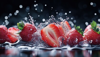 Wall Mural - Strawberries Splashing in Water with a Dark Background