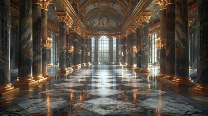 a grand palace interior with marble floors and tall columns, creating a majestic and regal atmospher