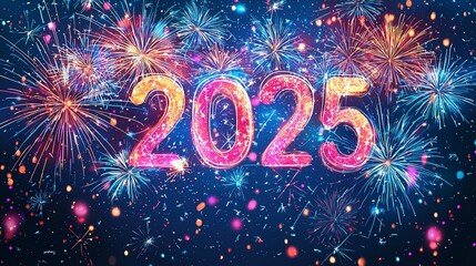 Wall Mural - This image showcases a brilliant display of colorful fireworks marking the beginning of the year 2025, filling the night sky with dazzling lights and celebratory cheer.