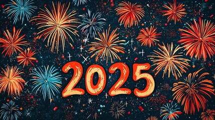 Wall Mural - Vibrant fireworks explode in the night sky to welcome the year 2025, lighting up the atmosphere with celebratory colors and a festive mood, marking the start of a new era.