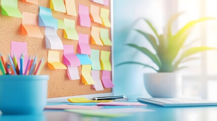 Sticker - Colorful Sticky Notes on Corkboard, Office Desk, Organization