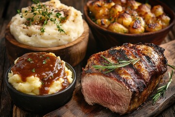 A delicious meal featuring grilled meat, mashed potatoes, and roasted vegetables.