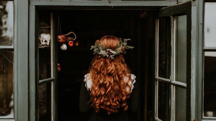 A woman with long red hair standing in a doorway