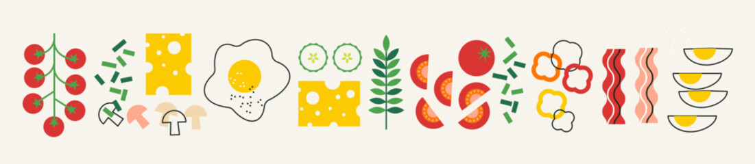 decorative abstract flat vector illustration with green veggies, cheese and egg. appetising vegetabl