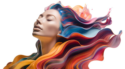 Wall Mural - Colorful oil paint flow on woman face isolated on transparent background
