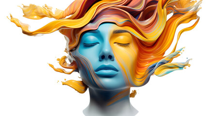 Wall Mural - Colorful oil paint flow on woman face isolated on transparent background
