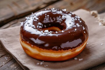 Isolated sweet donut with chocolate icing on a white plate, perfect for breakfast or snack