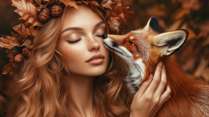 Sticker - A woman is kissing a fox with leaves on her head