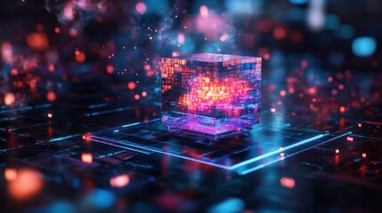 Wall Mural - Glowing Transparent Cube on a Circuit Board with Blurry Lights