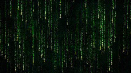 Binary code with numbers moving on the screen. Digital age. Binary algorithm, data code, decryption and encoding. Matrix background of numbers. 3D rendering.