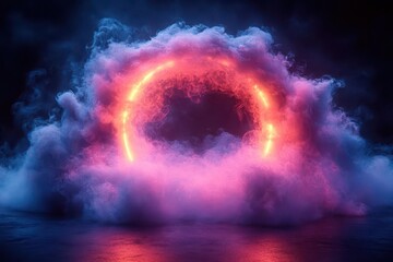surreal 3d render of a glowing neon ring encircling a fluffy dreamlike cloud in shades of blue and pink set against a deep black background for a striking ethereal contrast