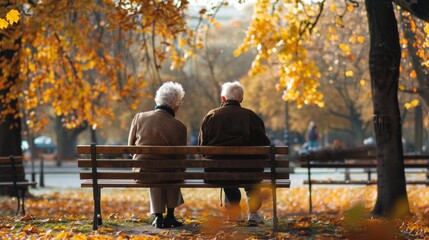 Elderly couple in park, autumn scene with colorful leaves, warm clothing, facing trees. A peaceful, picturesque moment in nature.