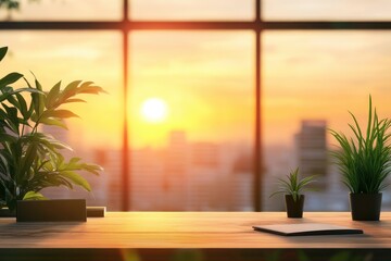 Blur background of office interior with large windows with city urban view, plants, and wooden desks at sunset. Modern workplace and urban greenery concept. Design for poster, wallpaper. Spate, ai