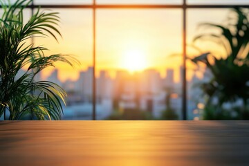 Blur background of office interior with large windows with city urban view, plants, and wooden desks at sunset. Modern workplace and urban greenery concept. Design for poster, wallpaper. Spate, ai