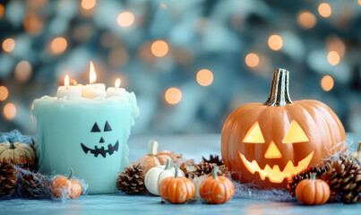 Wall Mural - A blue candle with a face on it sits next to a pumpkin with a light inside