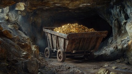 Captured in a shadowy mine shaft, industrial mining carts overflow with gleaming gold ore, showcasing the extraction of this precious natural resource.