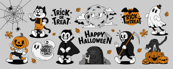 retro halloween characters. cartoon festive atmosphere with creepy ghost, funny pumpkin, vampire, mo