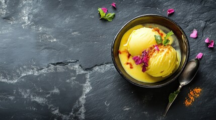 Poster - Close Up of Delicious Yellow Ice Cream with Floral Garnish