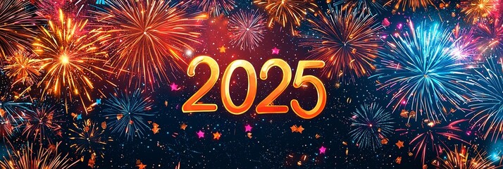 Wall Mural - Bright, multi-colored fireworks explode in the dark night sky to celebrate the arrival of 2025, filling the scene with sparkling lights and vibrant energy.