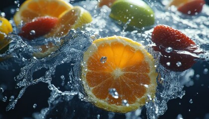 Wall Mural - Close-up of Sliced Fruit Splashing in Water