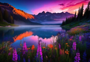 stunning twilight landscape featuring vibrant color combinations blue beautiful natural setting, pur