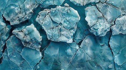 An aerial view of a frozen lake or ocean with broken ice floes.