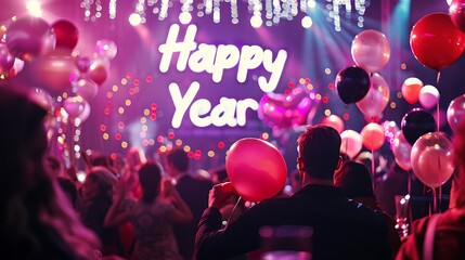 Beautifully decorated New Year party venue with balloons, banners, and a large 