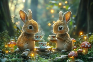 whimsical scene of two anthropomorphic rabbits enjoying a tea party in a enchanted forest clearing surrounded by glowing mushrooms and fairy lights