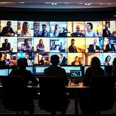 Virtual meeting with participants displayed on a large screen, virtual meeting, remote communication