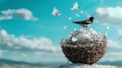 Wall Mural - Birds nesting in a remote area, with microplastic debris in the nests, showing the impact on wildlife far from urban centers