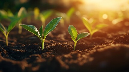 Wall Mural - Green seedlings are growing from the fertile soil in the garden at sunset