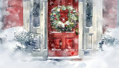 Wall Mural - A red door with a wreath of berries on it