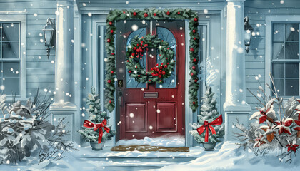 Wall Mural - A red door with a wreath of berries on it