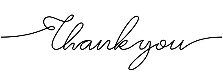 Thank you. One line continuous lettering. Thank you handwritten black ink calligraphic inscription for greeting cards, posters, banners, gifts. Editable stroke vector illustration.