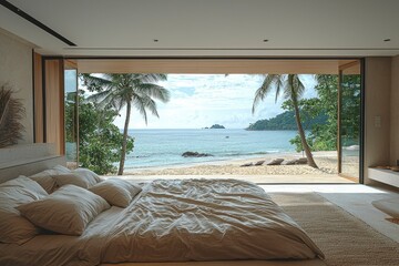 Sticker - Bedroom with a View of a Tropical Beach and Palm Trees