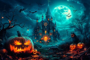 Haunting Halloween night at a spooky castle with glowing pumpkins, copy space for text, website banner, halloween advertising, halloween poster