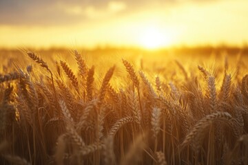 Ripe wheat fields natural landscape at sunset. farm harvest season , ai