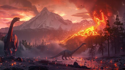 Picture a dramatic volcanic eruption in the Mesozoic era, with dinosaurs like the Brachiosaurus and the Diplodocus navigating the hazardous terrain.