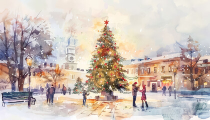 Wall Mural - A painting of a Christmas tree with people gathered around it