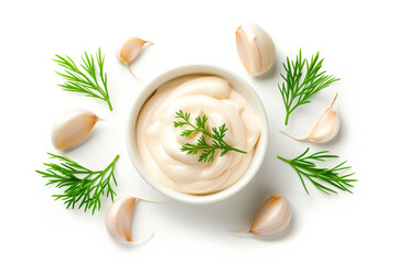 A smooth, creamy garlic mayonnaise garnished with fresh green herbs, making it perfect for dips or sauces