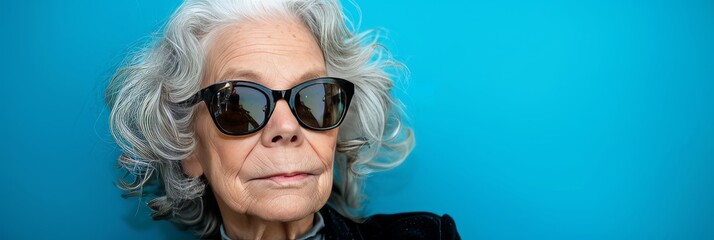 Wall Mural - Stylish Senior Woman with Silver Hair Rocks Sunglasses on Blue Background with Copy Space