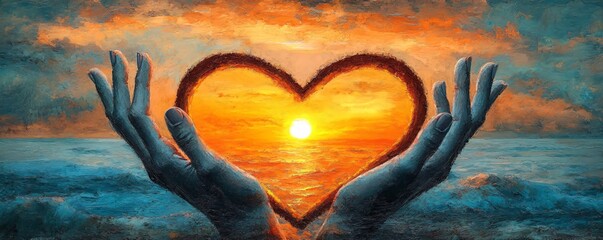 Two hands holding a heart shape with a beautiful sunset over the ocean, symbolizing love, hope and spirituality