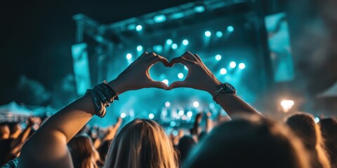 Wall Mural - A crowd at a concert with someone making a heart shape with their hands.